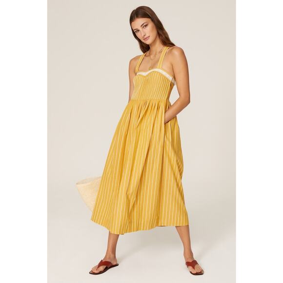 The Great Laurel Yellow Striped Sweetheart Sleeveless Midi Dress Size XS - Picture 1 of 16
